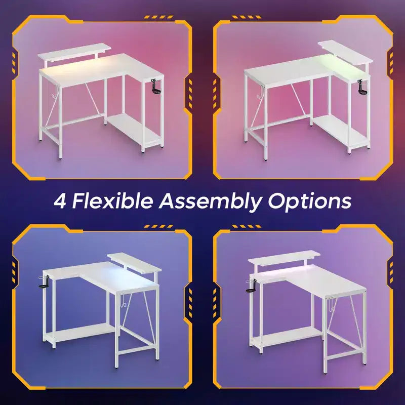 Bureau de jeu en L réversible Pinmoco 42 avec support d'écran, lumières LED, crochet pour casque et étagères de rangement, bureau à domicile