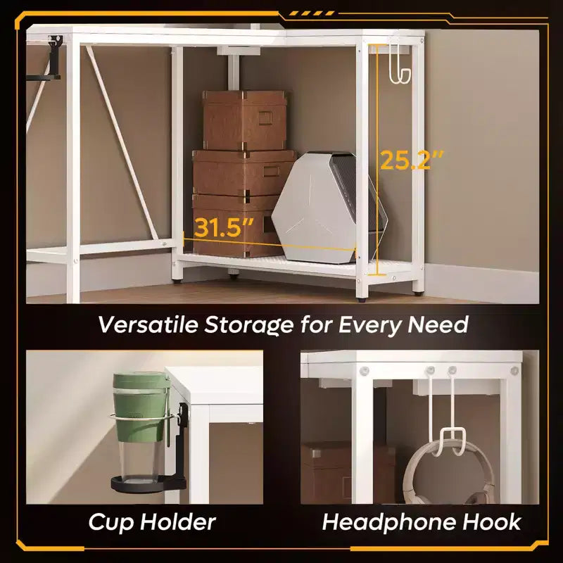 Bureau de jeu en L réversible Pinmoco 42 avec support d'écran, lumières LED, crochet pour casque et étagères de rangement, bureau à domicile