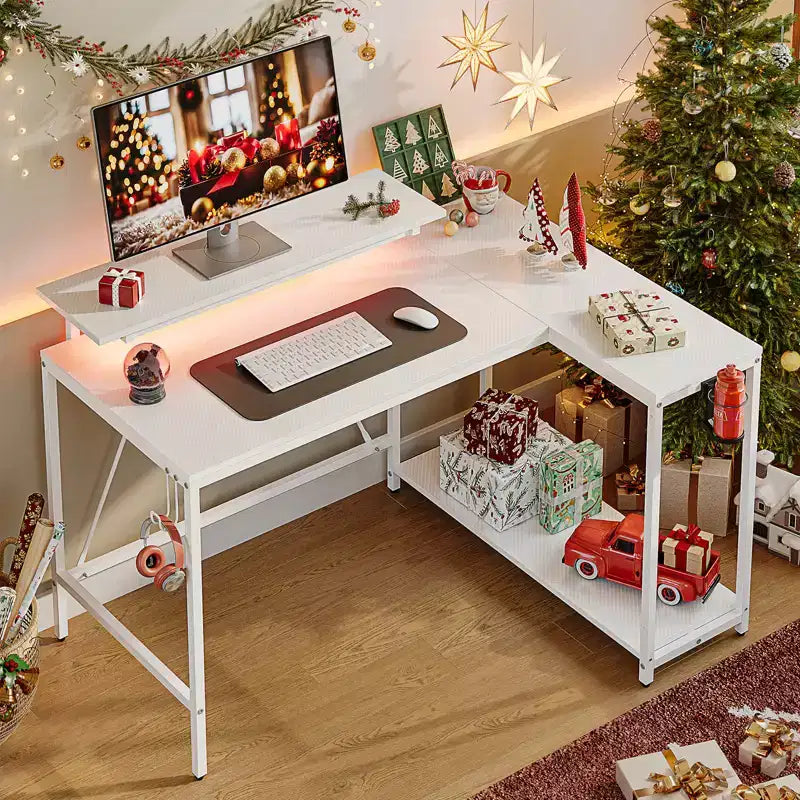 Bureau de jeu en L réversible Pinmoco 42 avec support d'écran, lumières LED, crochet pour casque et étagères de rangement, bureau à domicile