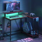 Bureau de jeu en L réversible Pinmoco 42 avec support d'écran, lumières LED, crochet pour casque et étagères de rangement, bureau à domicile
