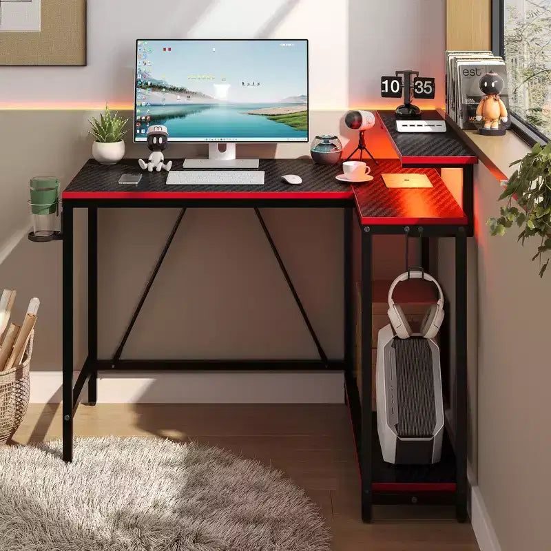 Bureau de jeu en L réversible Pinmoco 42 avec support d'écran, lumières LED, crochet pour casque et étagères de rangement, bureau à domicile