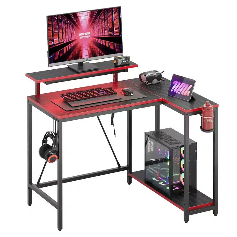 Bureau de jeu en L réversible Pinmoco 42 avec support d'écran, lumières LED, crochet pour casque et étagères de rangement, bureau à domicile