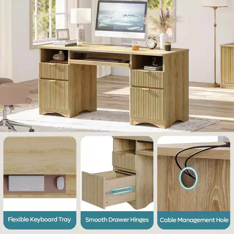 Scrivania da ufficio direzionale Bestier 59'' con cassetti, scrivania per computer con vassoio per tastiera, workstation da scrittura per ufficio e casa con ripiani aperti