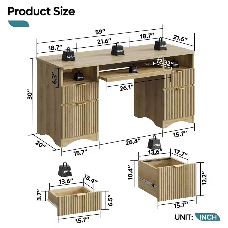 Scrivania da ufficio direzionale Bestier 59'' con cassetti, scrivania per computer con vassoio per tastiera, workstation da scrittura per ufficio e casa con ripiani aperti