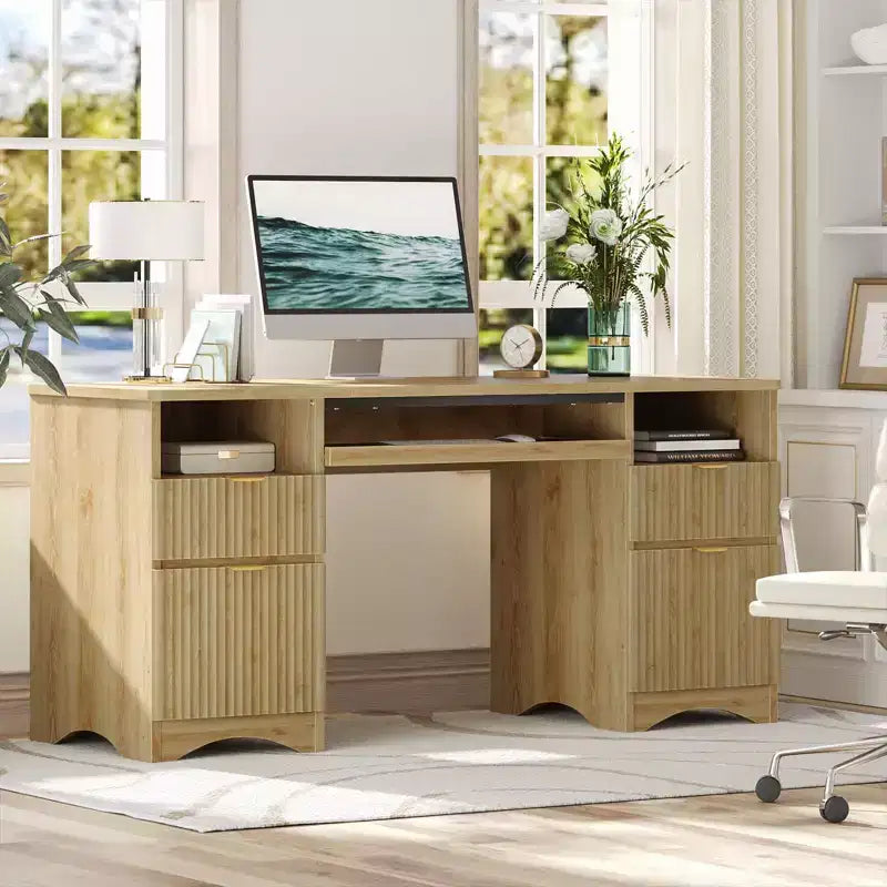 Scrivania da ufficio direzionale Bestier 59'' con cassetti, scrivania per computer con vassoio per tastiera, workstation da scrittura per ufficio e casa con ripiani aperti