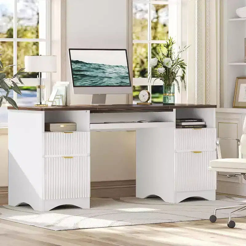 Scrivania da ufficio direzionale Bestier 59'' con cassetti, scrivania per computer con vassoio per tastiera, workstation da scrittura per ufficio e casa con ripiani aperti