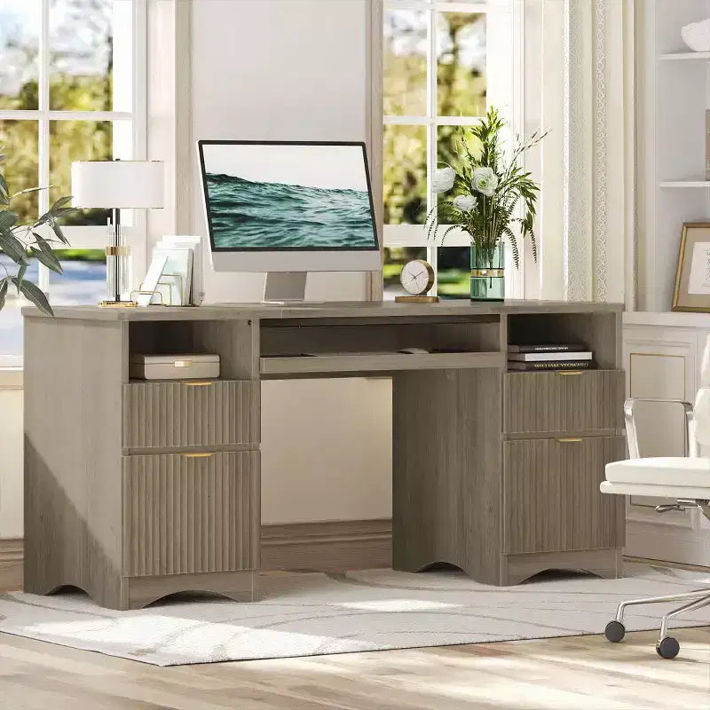 Scrivania da ufficio direzionale Bestier 59'' con cassetti, scrivania per computer con vassoio per tastiera, workstation da scrittura per ufficio e casa con ripiani aperti