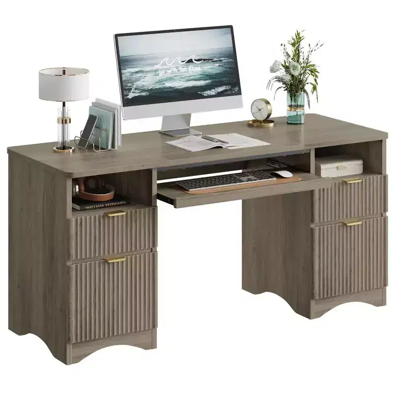 Scrivania da ufficio direzionale Bestier 59'' con cassetti, scrivania per computer con vassoio per tastiera, workstation da scrittura per ufficio e casa con ripiani aperti