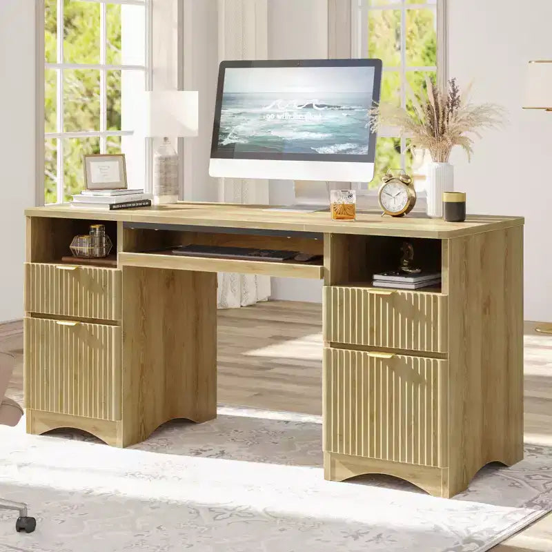 Bureau de direction Bestier de 150 cm avec tiroirs, bureau d'ordinateur avec plateau coulissant pour clavier, poste de travail de bureau pour la maison avec étagères ouvertes