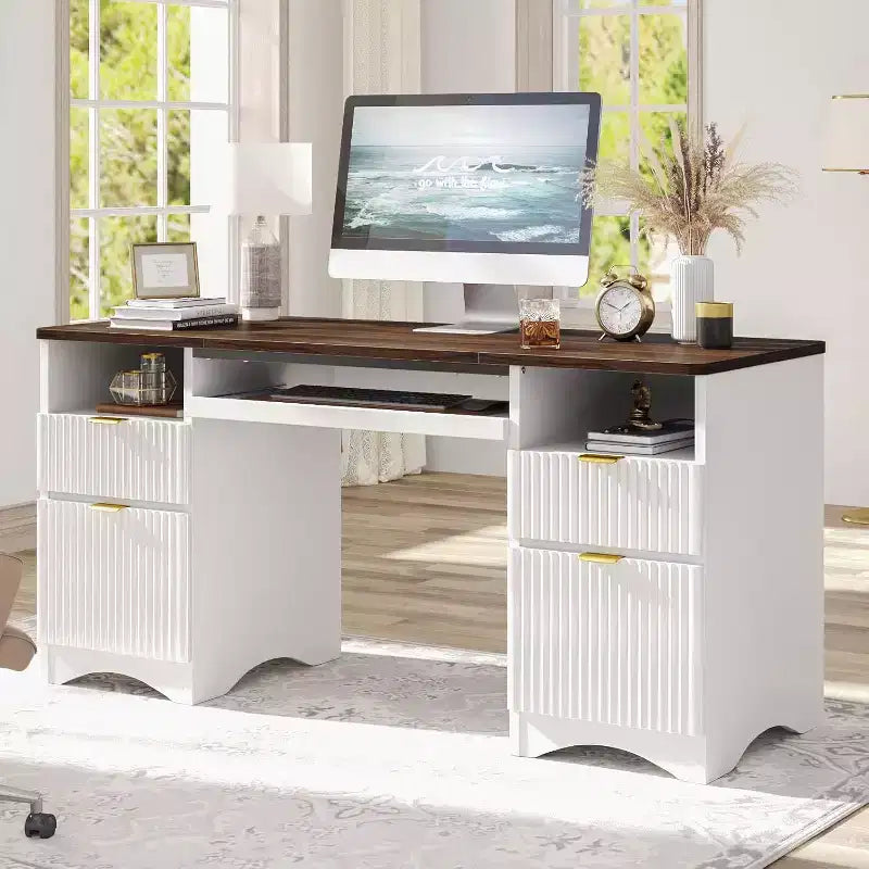 Bureau de direction Bestier de 150 cm avec tiroirs, bureau d'ordinateur avec plateau coulissant pour clavier, poste de travail de bureau pour la maison avec étagères ouvertes