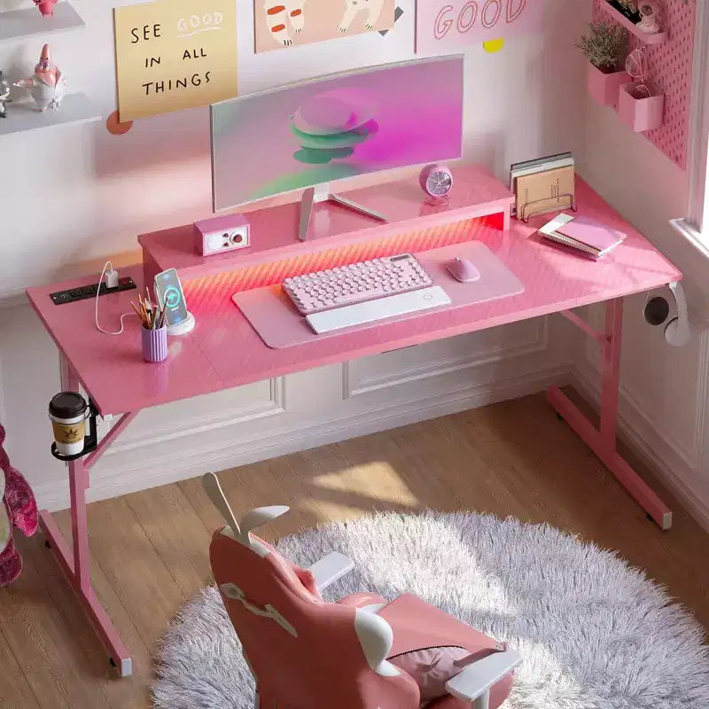 Bureau de jeu Bestier de 52 pouces avec multiprise et support de moniteur LED pour bureau à domicile