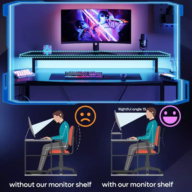 Bestier 63 Scrivania da gaming con luce LED e supporto per monitor, scrivania per computer con portabicchieri e gancio per cuffie, workstation da gamer moderna per ufficio domestico, nero