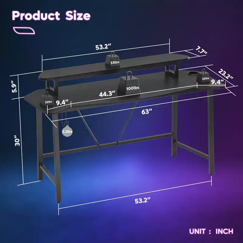 Bestier 63 Scrivania da gaming con luce LED e supporto per monitor, scrivania per computer con portabicchieri e gancio per cuffie, workstation da gamer moderna per ufficio domestico, nero