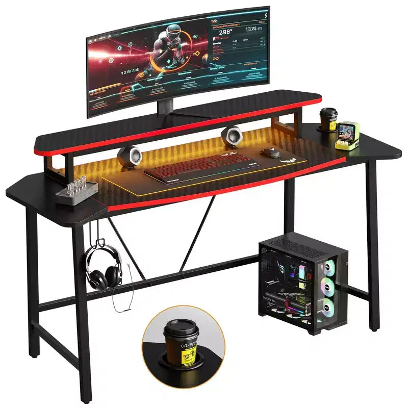 Bestier 63 Scrivania da gaming con luce LED e supporto per monitor, scrivania per computer con portabicchieri e gancio per cuffie, workstation da gamer moderna per ufficio domestico, nero