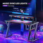 Bestier Bureau Gamer en Forme de L de 105,6 cm/144,8 cm avec Support Moniteur et Prise de Courant, Bureau d'Angle d'Ordinateur LED avec Porte-Gobelet et Support Manette