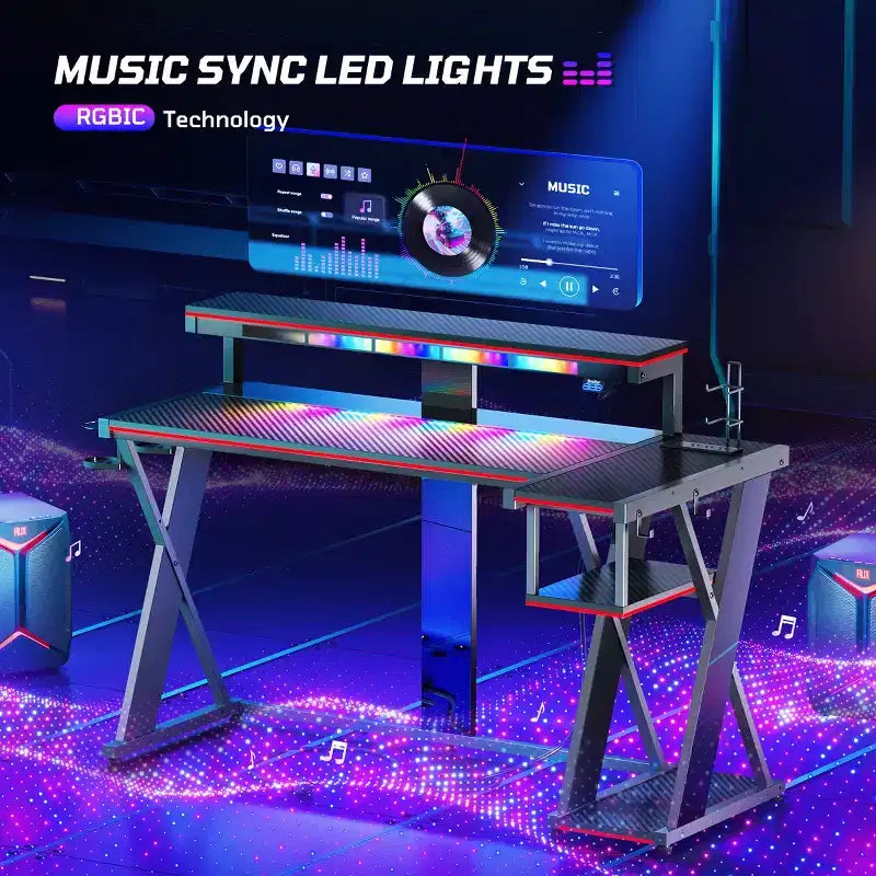 Bestier Bureau Gamer en Forme de L de 105,6 cm/144,8 cm avec Support Moniteur et Prise de Courant, Bureau d'Angle d'Ordinateur LED avec Porte-Gobelet et Support Manette