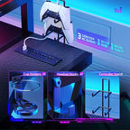 Bestier Bureau Gamer en Forme de L de 105,6 cm/144,8 cm avec Support Moniteur et Prise de Courant, Bureau d'Angle d'Ordinateur LED avec Porte-Gobelet et Support Manette