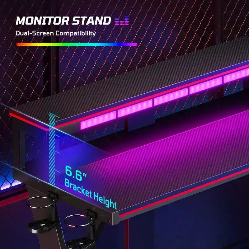 Bestier Bureau Gamer en Forme de L de 105,6 cm/144,8 cm avec Support Moniteur et Prise de Courant, Bureau d'Angle d'Ordinateur LED avec Porte-Gobelet et Support Manette