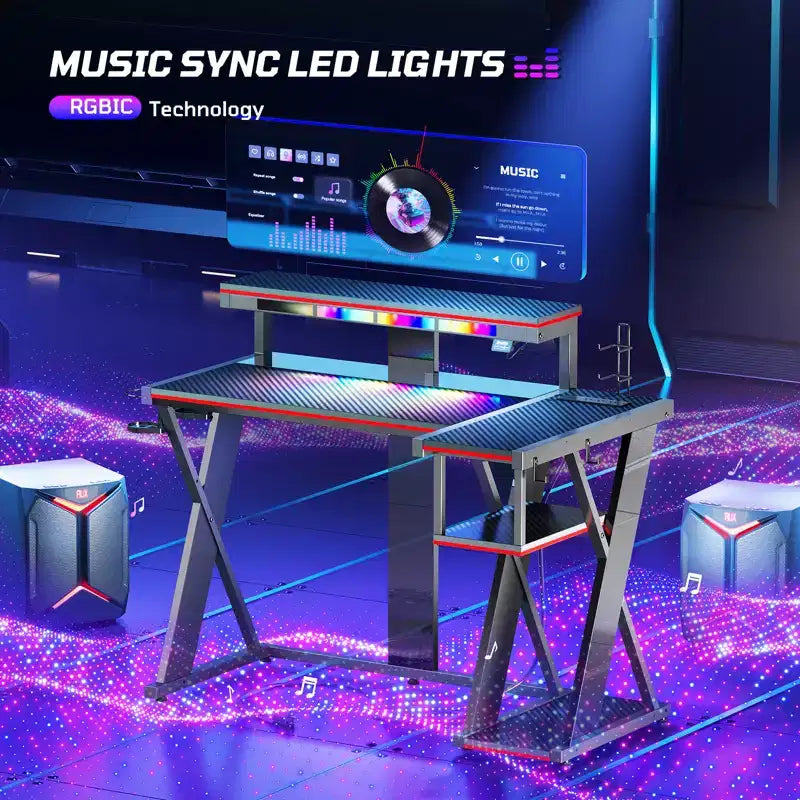 Bestier Bureau Gamer en Forme de L de 105,6 cm/144,8 cm avec Support Moniteur et Prise de Courant, Bureau d'Angle d'Ordinateur LED avec Porte-Gobelet et Support Manette