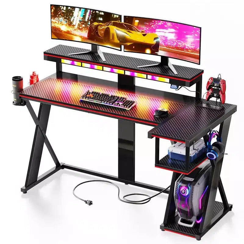 Bestier Bureau Gamer en Forme de L de 105,6 cm/144,8 cm avec Support Moniteur et Prise de Courant, Bureau d'Angle d'Ordinateur LED avec Porte-Gobelet et Support Manette