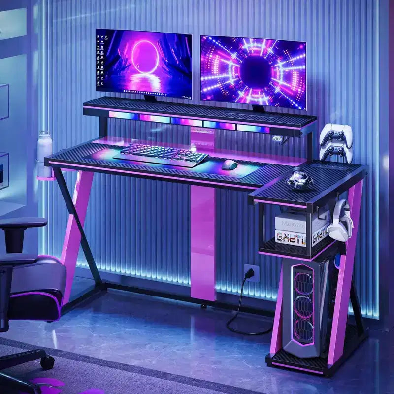 Bestier Bureau Gamer en Forme de L de 105,6 cm/144,8 cm avec Support Moniteur et Prise de Courant, Bureau d'Angle d'Ordinateur LED avec Porte-Gobelet et Support Manette