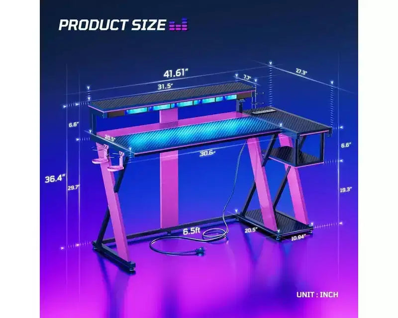 Bestier Bureau Gamer en Forme de L de 105,6 cm/144,8 cm avec Support Moniteur et Prise de Courant, Bureau d'Angle d'Ordinateur LED avec Porte-Gobelet et Support Manette