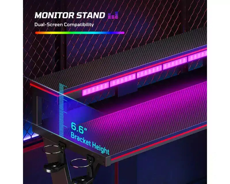 Bestier Bureau Gamer en Forme de L de 105,6 cm/144,8 cm avec Support Moniteur et Prise de Courant, Bureau d'Angle d'Ordinateur LED avec Porte-Gobelet et Support Manette