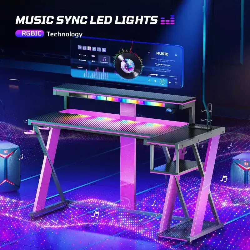 Bestier Bureau Gamer en Forme de L de 105,6 cm/144,8 cm avec Support Moniteur et Prise de Courant, Bureau d'Angle d'Ordinateur LED avec Porte-Gobelet et Support Manette