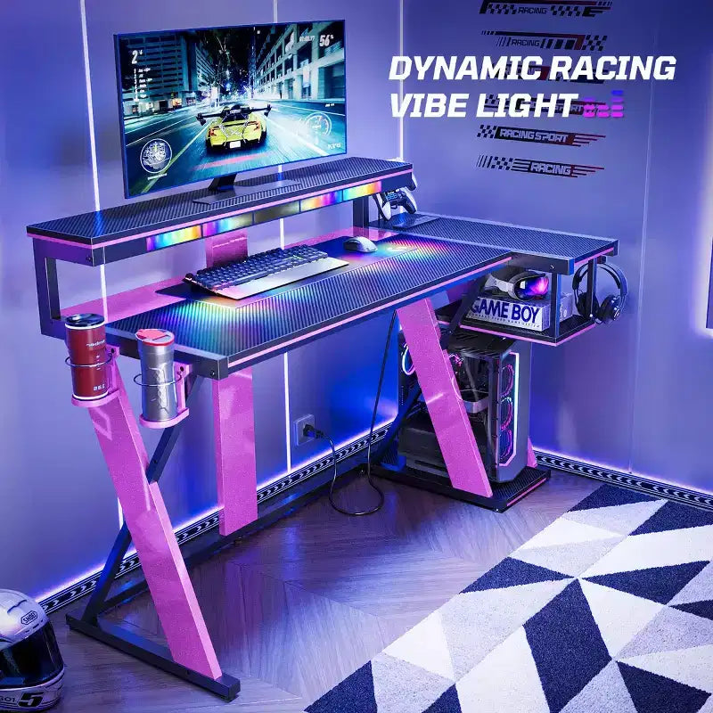 Bestier Bureau Gamer en Forme de L de 105,6 cm/144,8 cm avec Support Moniteur et Prise de Courant, Bureau d'Angle d'Ordinateur LED avec Porte-Gobelet et Support Manette