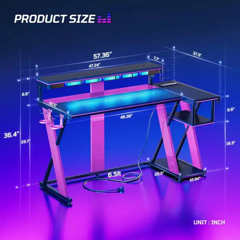 Bestier Bureau Gamer en Forme de L de 105,6 cm/144,8 cm avec Support Moniteur et Prise de Courant, Bureau d'Angle d'Ordinateur LED avec Porte-Gobelet et Support Manette