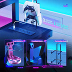 Bestier Bureau Gamer en Forme de L de 105,6 cm/144,8 cm avec Support Moniteur et Prise de Courant, Bureau d'Angle d'Ordinateur LED avec Porte-Gobelet et Support Manette