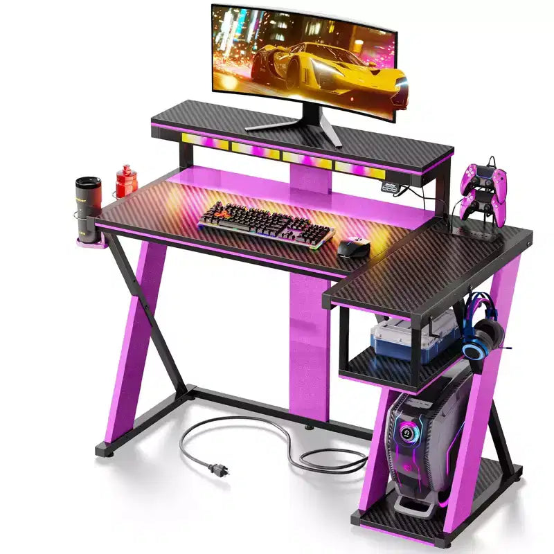 Bestier Bureau Gamer en Forme de L de 105,6 cm/144,8 cm avec Support Moniteur et Prise de Courant, Bureau d'Angle d'Ordinateur LED avec Porte-Gobelet et Support Manette