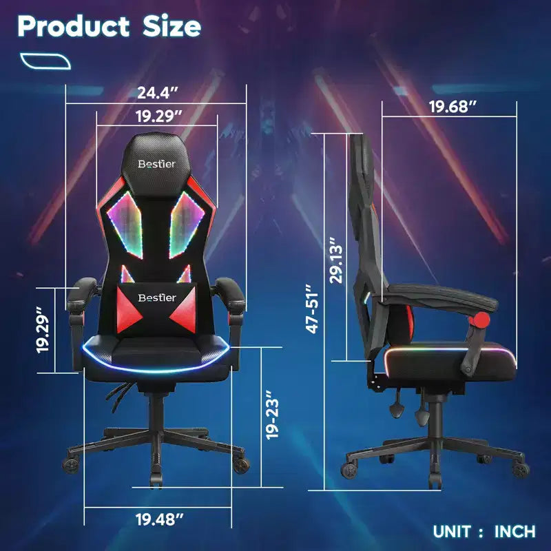 Chaise de jeu Bestier en tissu respirant avec éclairage LED RVB et accoudoirs réglables
