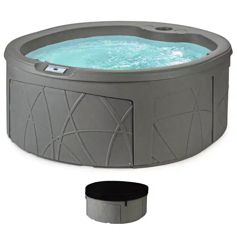 LifeSmart 4-Person Hot Tub, Outdoor Spa with Cover and LED Lights, Circular, Taupe - Above-Ground Spa Machine with Accessories for Home and Personal