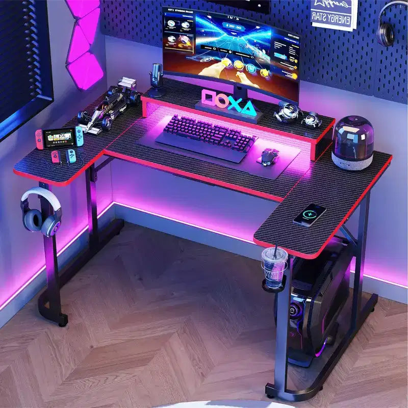 Bestier U-shaped Gaming Desk with Monitor Stand, LED Lights, Headphone Hooks, Cup Holder, Carbon Fiber Black