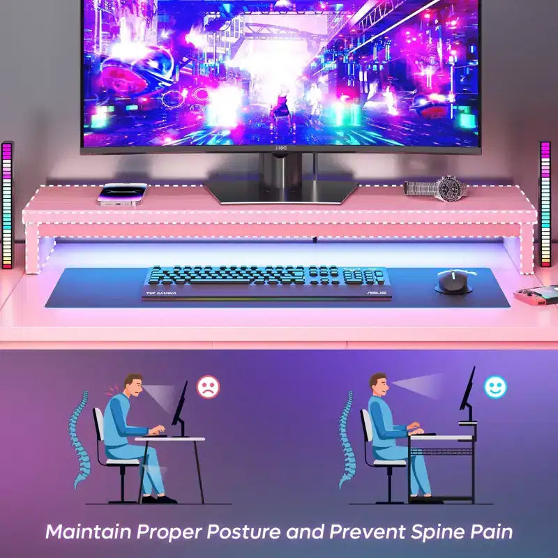 Bureau de gamer en U Bestier avec support d'écran, lumières LED, crochets pour casque, porte-gobelet, noir fibre de carbone