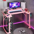 Bureau de gamer en U Bestier avec support d'écran, lumières LED, crochets pour casque, porte-gobelet, noir fibre de carbone