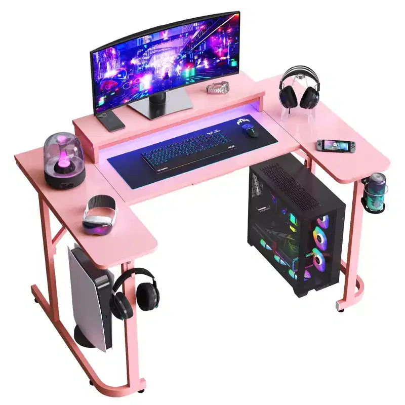 Bureau de gamer en U Bestier avec support d'écran, lumières LED, crochets pour casque, porte-gobelet, noir fibre de carbone