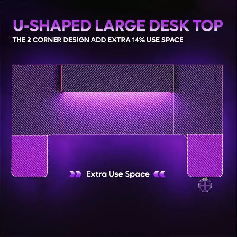 Bureau de gamer en U Bestier avec support d'écran, lumières LED, crochets pour casque, porte-gobelet, noir fibre de carbone