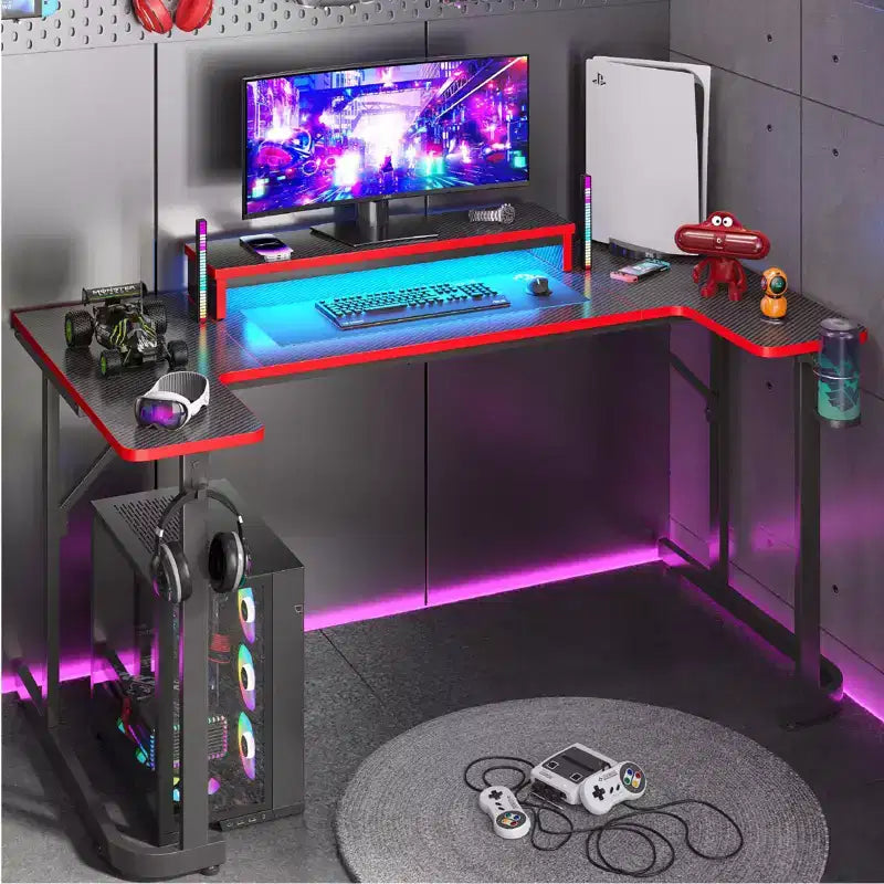 Bureau de gamer en U Bestier avec support d'écran, lumières LED, crochets pour casque, porte-gobelet, noir fibre de carbone