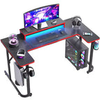 Bureau de gamer en U Bestier avec support d'écran, lumières LED, crochets pour casque, porte-gobelet, noir fibre de carbone