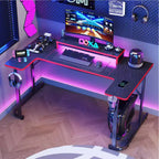 Bureau de gamer en U Bestier avec support d'écran, lumières LED, crochets pour casque, porte-gobelet, noir fibre de carbone