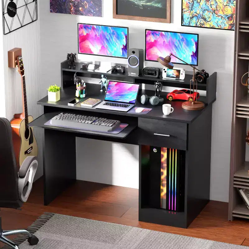 BestMassage Bureau d'ordinateur de 43 pouces avec tiroirs, support de clavier, support d'unité centrale, bureau de jeu, noir