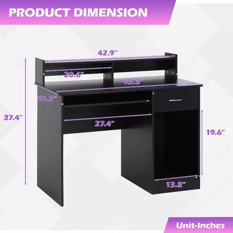 BestMassage Bureau d'ordinateur de 43 pouces avec tiroirs, support de clavier, support d'unité centrale, bureau de jeu, noir