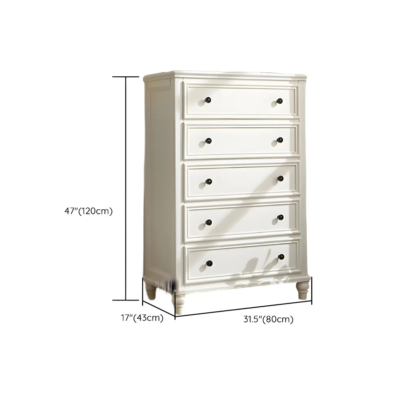Commode classique en bois blanc à 5 tiroirs
