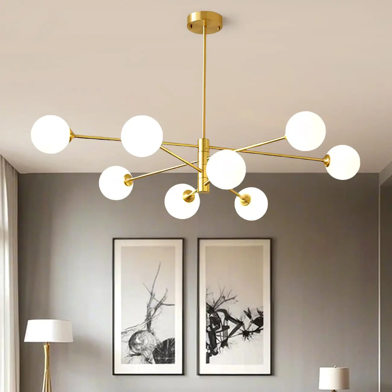 Lustre Sputnik moderne à 8 lumières en verre et globes