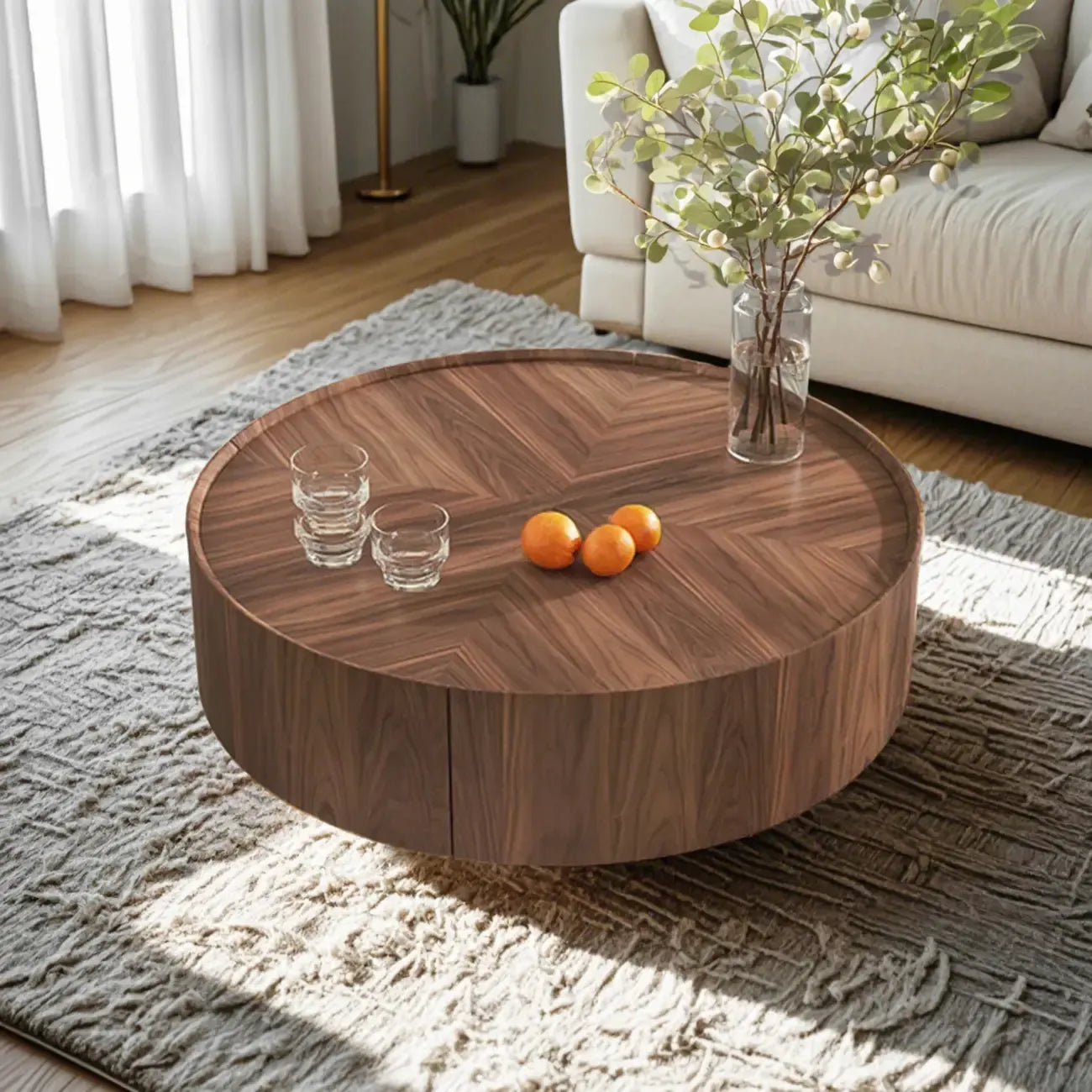 Table basse ronde en bois brun avec plateau et 2 tiroirs