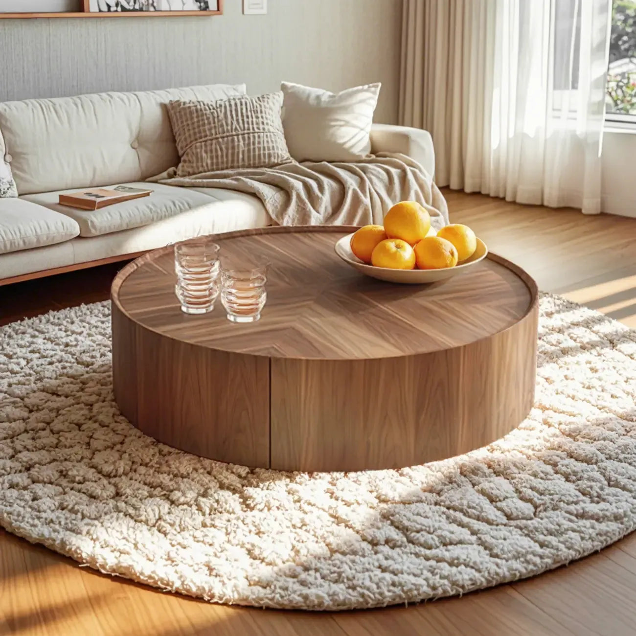 Table basse ronde en bois brun avec plateau et 2 tiroirs