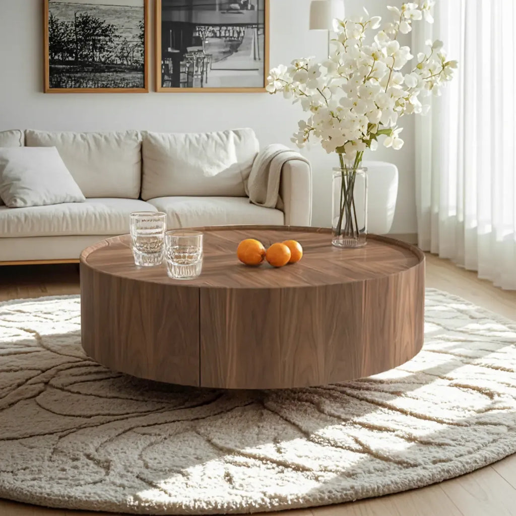 Table basse ronde en bois brun avec plateau et 2 tiroirs