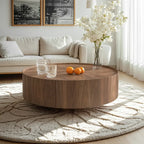 Table basse ronde en bois brun avec plateau et 2 tiroirs